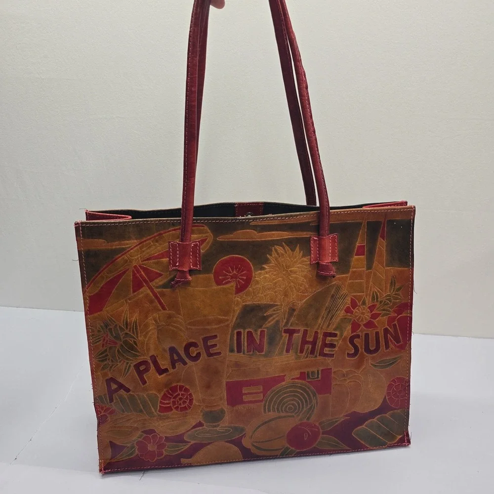 A Place In The Sun Genuine‎ Leather Embossed Tote Bag Red Brown Made in India